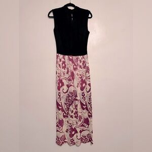 Vintage 70s Psychedellic Print Keyhole Maxi Dress Purple Black